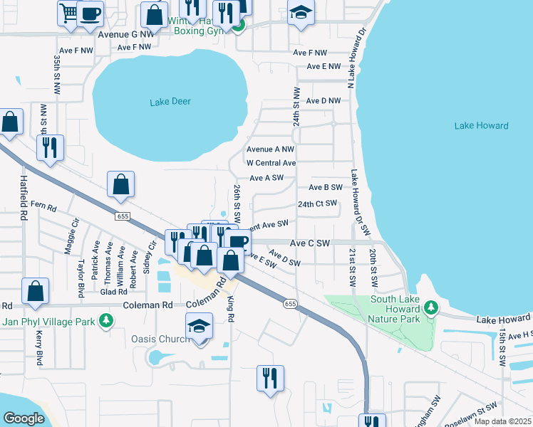 map of restaurants, bars, coffee shops, grocery stores, and more near 2450 Bates Avenue Southwest in Winter Haven