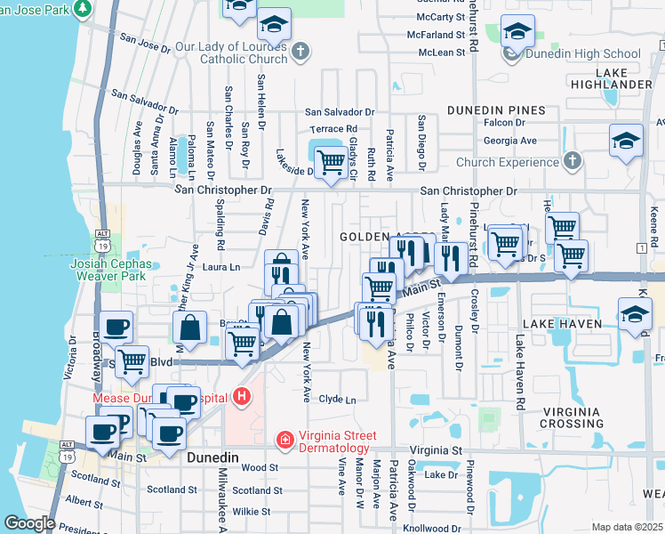 map of restaurants, bars, coffee shops, grocery stores, and more near 800 Main Street in Dunedin