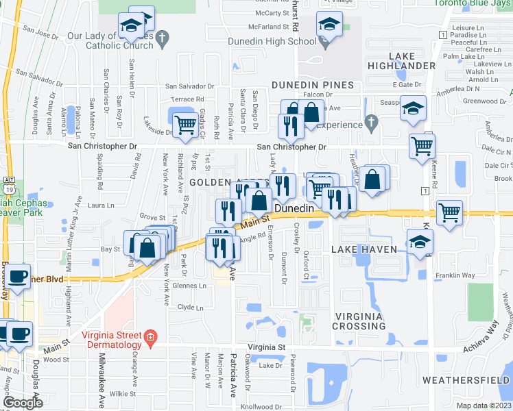 map of restaurants, bars, coffee shops, grocery stores, and more near 1229 Little John Lane in Dunedin