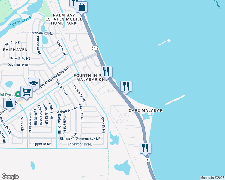 map of restaurants, bars, coffee shops, grocery stores, and more near 890 Vignoles Avenue Northeast in Palm Bay