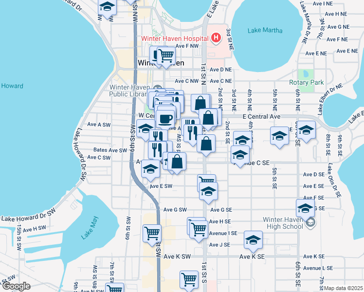 map of restaurants, bars, coffee shops, grocery stores, and more near 166 Avenue B Southwest in Winter Haven