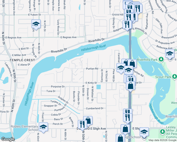 map of restaurants, bars, coffee shops, grocery stores, and more near 5005 Puritan Road in Tampa