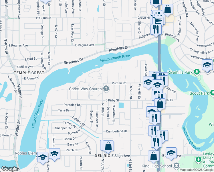 map of restaurants, bars, coffee shops, grocery stores, and more near 5005 Puritan Road in Tampa