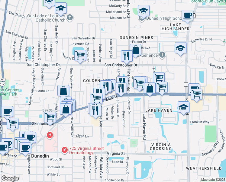 map of restaurants, bars, coffee shops, grocery stores, and more near 1229 Little John Lane in Dunedin
