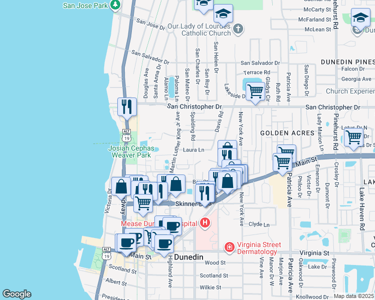 map of restaurants, bars, coffee shops, grocery stores, and more near 529 Laura Lane in Dunedin