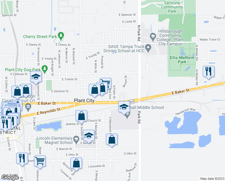 map of restaurants, bars, coffee shops, grocery stores, and more near 609 North Palm Drive in Plant City