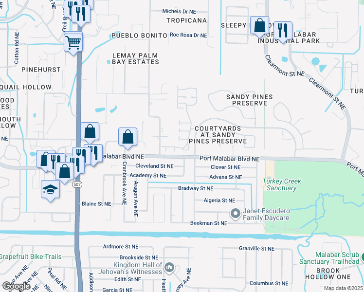map of restaurants, bars, coffee shops, grocery stores, and more near 890 Wateroak Drive Northeast in Palm Bay
