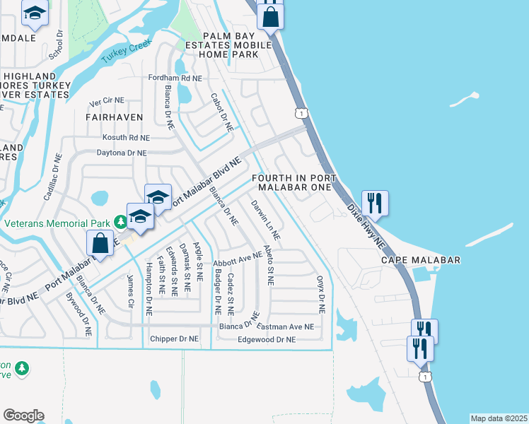 map of restaurants, bars, coffee shops, grocery stores, and more near 961 Darwin Lane Northeast in Palm Bay