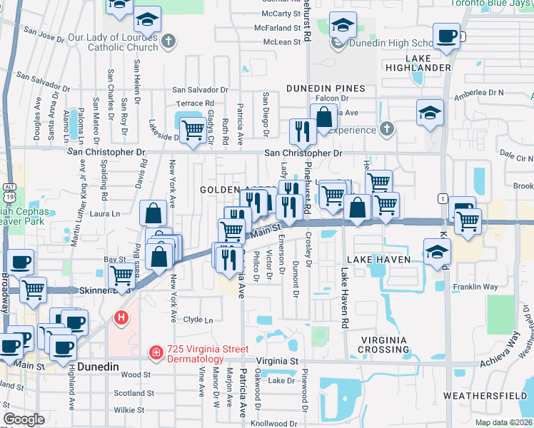 map of restaurants, bars, coffee shops, grocery stores, and more near 1231 Little John Lane in Dunedin