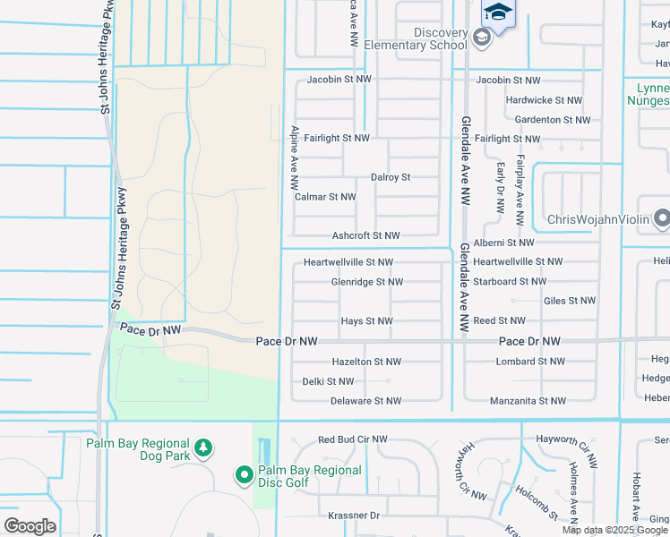map of restaurants, bars, coffee shops, grocery stores, and more near 1802 Heartwellville Street Northwest in Palm Bay