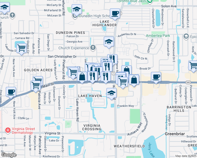 map of restaurants, bars, coffee shops, grocery stores, and more near 1442 Main Street in Dunedin