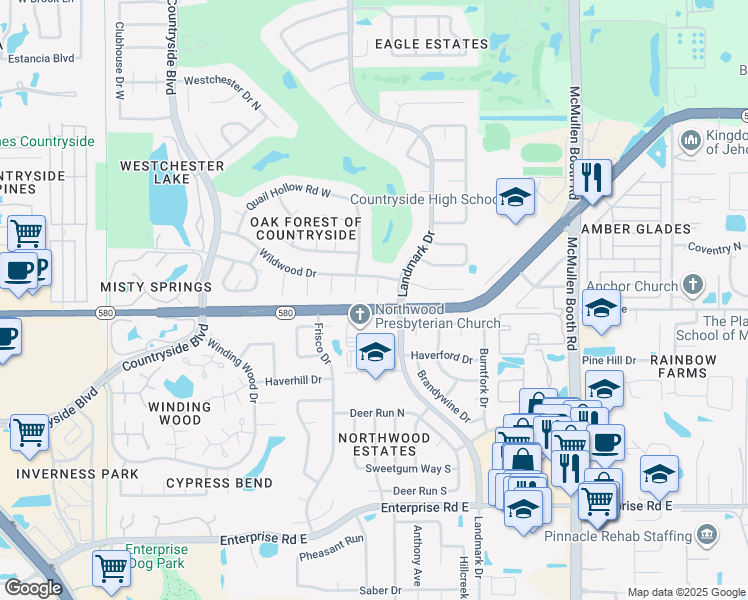 map of restaurants, bars, coffee shops, grocery stores, and more near 2704 Woodview Court in Clearwater