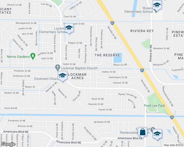 map of restaurants, bars, coffee shops, grocery stores, and more near 885 Pembroke Avenue Northeast in Palm Bay