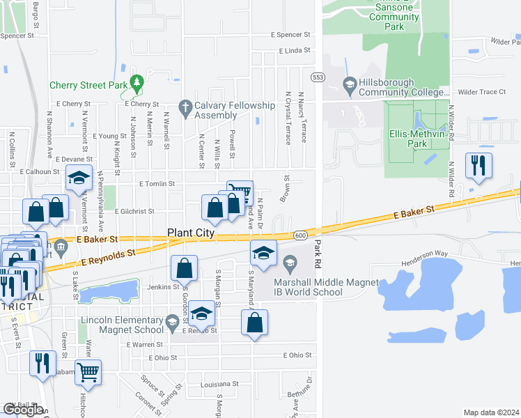 map of restaurants, bars, coffee shops, grocery stores, and more near 610 North Palm Drive in Plant City