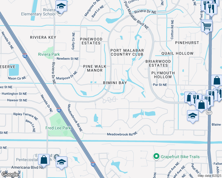 map of restaurants, bars, coffee shops, grocery stores, and more near 1008 Eleuthera Drive Northeast in Palm Bay