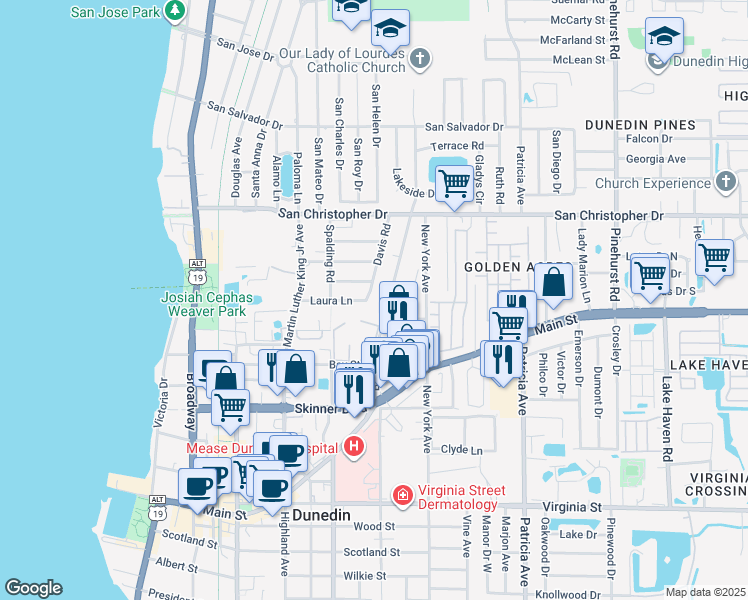 map of restaurants, bars, coffee shops, grocery stores, and more near 1209 Davis Road in Dunedin