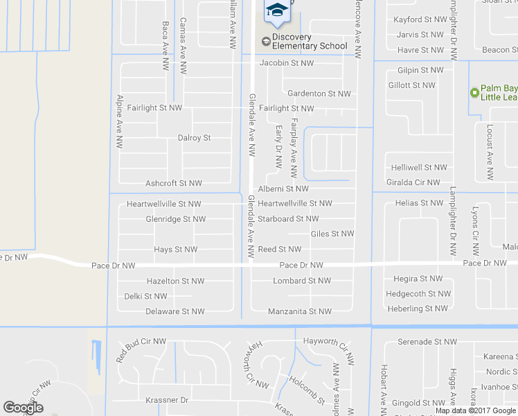 map of restaurants, bars, coffee shops, grocery stores, and more near 1590 Heartwellville Street Northwest in Palm Bay