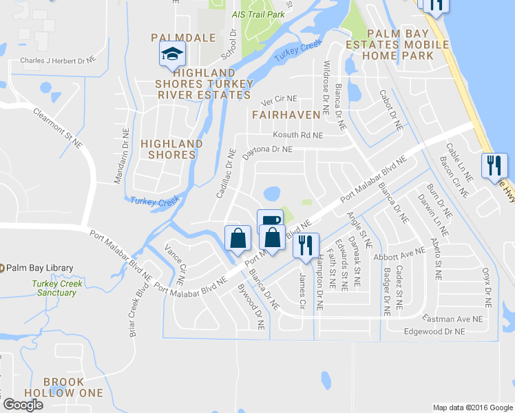 map of restaurants, bars, coffee shops, grocery stores, and more near 950 Chace Lane Northeast in Palm Bay