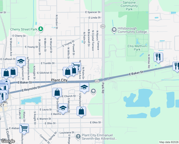 map of restaurants, bars, coffee shops, grocery stores, and more near 605 Brown Street in Plant City