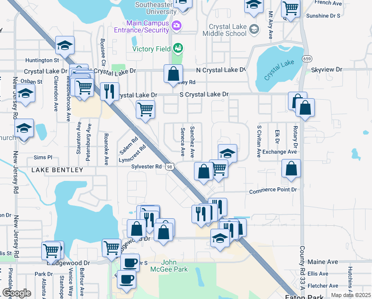 map of restaurants, bars, coffee shops, grocery stores, and more near 1814 Seneca Avenue in Lakeland