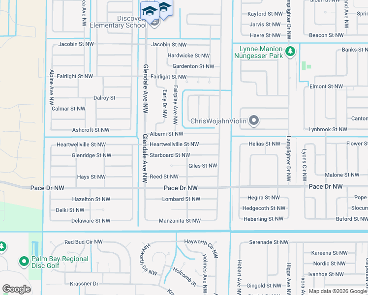 map of restaurants, bars, coffee shops, grocery stores, and more near 1500 Heartwellville Street Northwest in Palm Bay