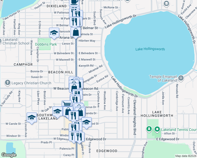 map of restaurants, bars, coffee shops, grocery stores, and more near 321 Morningside Drive in Lakeland