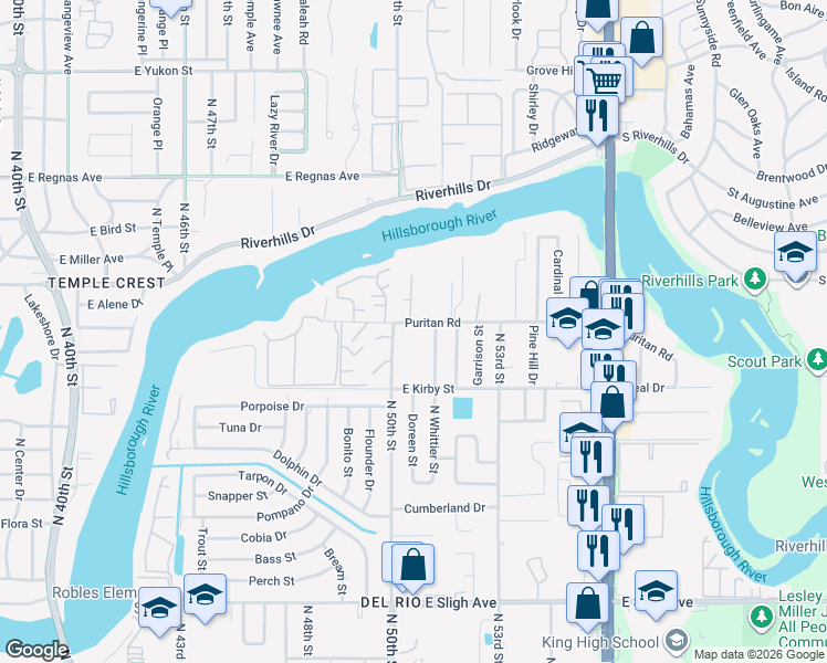 map of restaurants, bars, coffee shops, grocery stores, and more near 5005 Puritan Road in Tampa