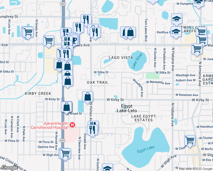 map of restaurants, bars, coffee shops, grocery stores, and more near 3323 River Cove Drive in Tampa