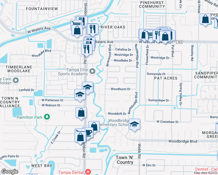 map of restaurants, bars, coffee shops, grocery stores, and more near 8513 Woodhurst Drive in Tampa