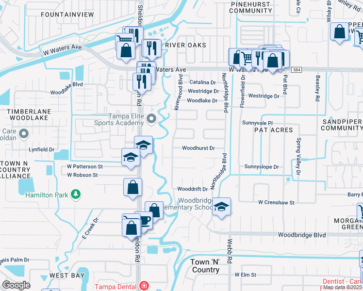 map of restaurants, bars, coffee shops, grocery stores, and more near 8513 Woodhurst Drive in Tampa