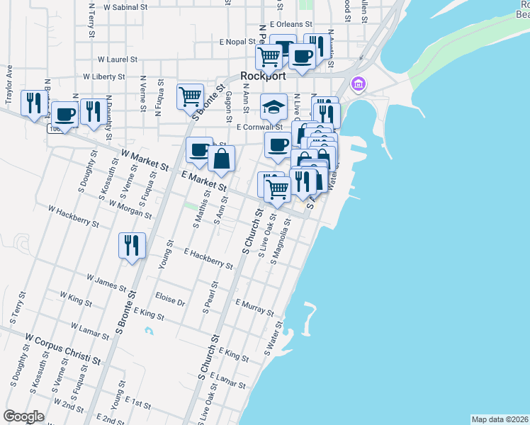 map of restaurants, bars, coffee shops, grocery stores, and more near in Rockport