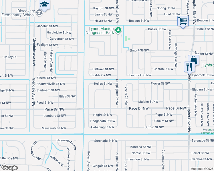 map of restaurants, bars, coffee shops, grocery stores, and more near 1266 Helias Street Northwest in Palm Bay