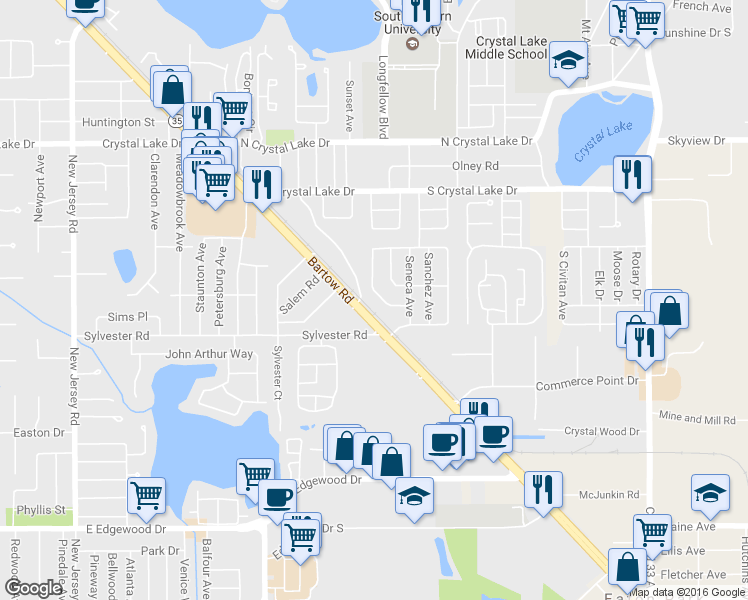 map of restaurants, bars, coffee shops, grocery stores, and more near 1815 Cordova Circle West in Lakeland