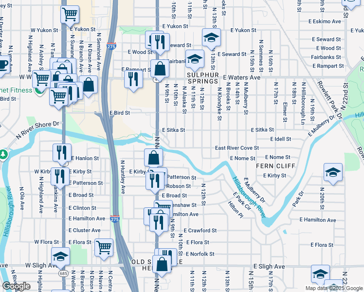 map of restaurants, bars, coffee shops, grocery stores, and more near 912 East River Cove Street in Tampa