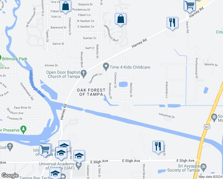 map of restaurants, bars, coffee shops, grocery stores, and more near 8233 Riverboat Drive in Tampa