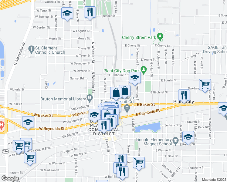 map of restaurants, bars, coffee shops, grocery stores, and more near 702 North Palmer Street in Plant City