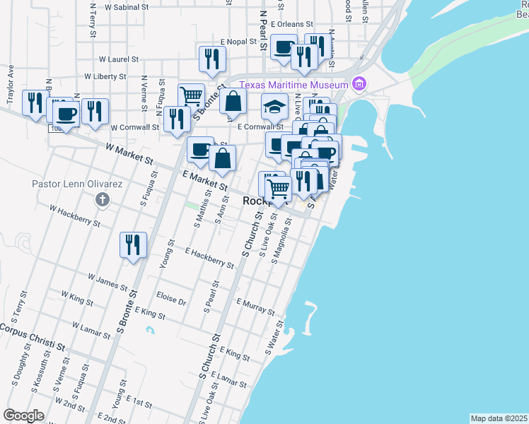 map of restaurants, bars, coffee shops, grocery stores, and more near 612 South Church Street in Rockport
