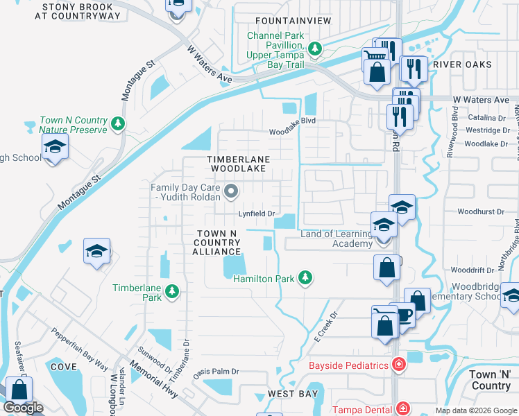 map of restaurants, bars, coffee shops, grocery stores, and more near 9607 Lambrook Ct in Tampa