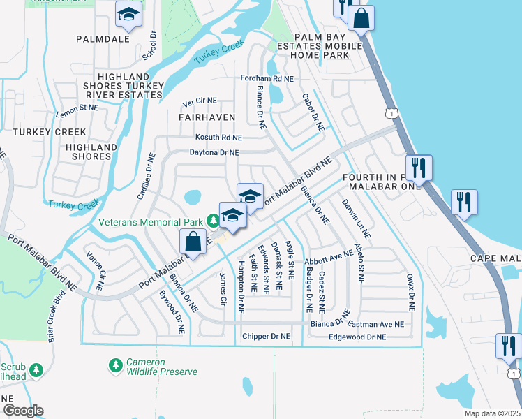 map of restaurants, bars, coffee shops, grocery stores, and more near 2234 Port Malabar Boulevard Northeast in Palm Bay