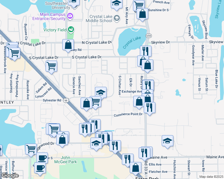 map of restaurants, bars, coffee shops, grocery stores, and more near 1832 Crystal Grove Drive in Lakeland