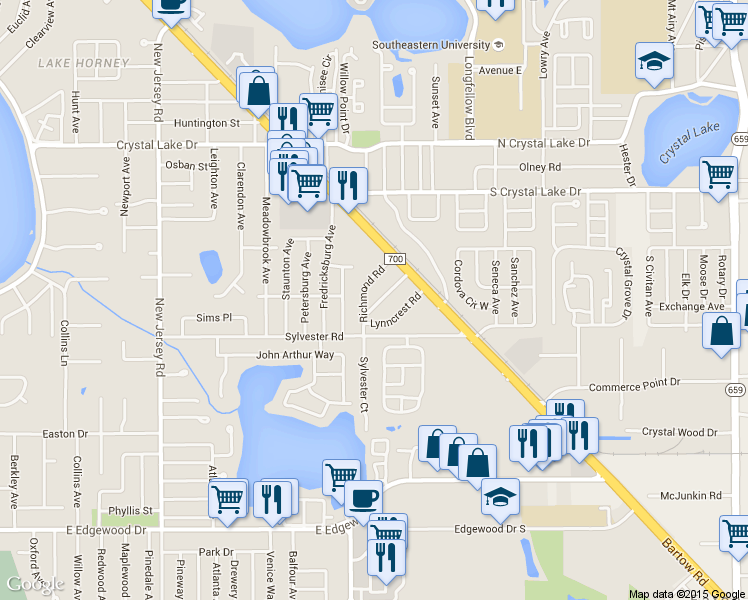 map of restaurants, bars, coffee shops, grocery stores, and more near 1905 Richmond Road in Lakeland