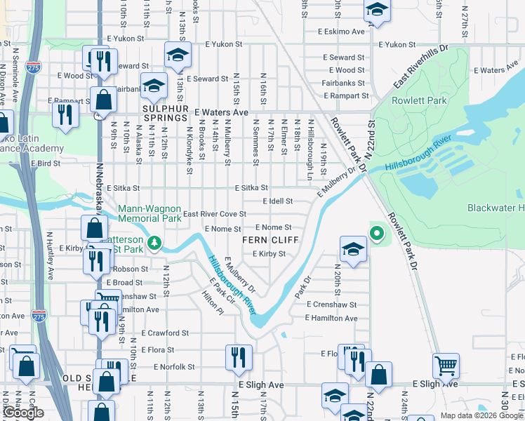 map of restaurants, bars, coffee shops, grocery stores, and more near 1614 East River Cove Street in Tampa