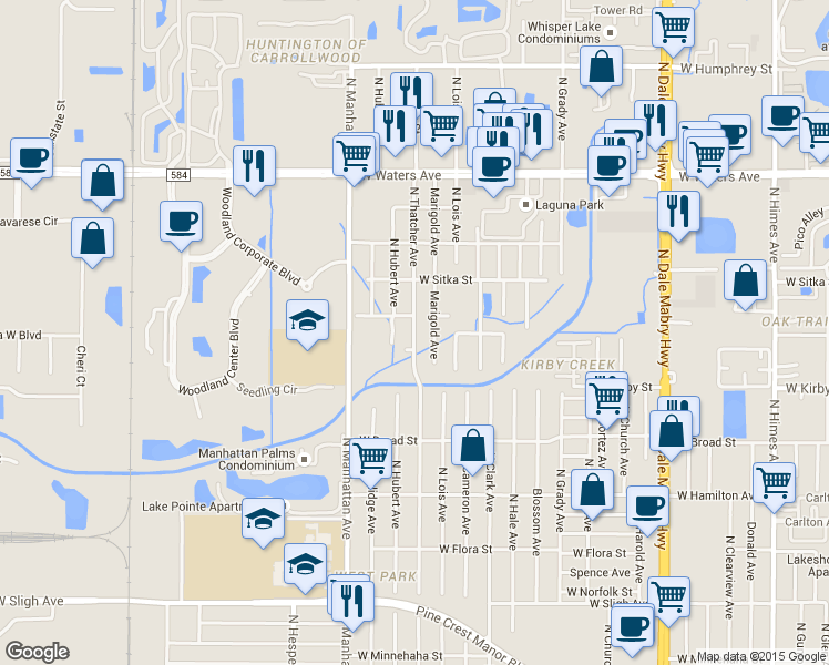map of restaurants, bars, coffee shops, grocery stores, and more near 7910 North Thatcher Avenue in Tampa
