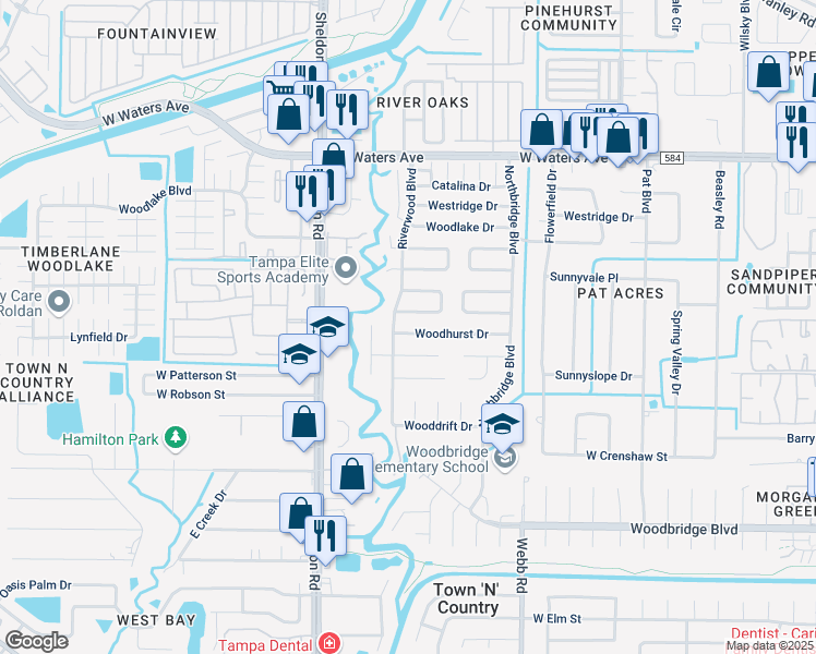 map of restaurants, bars, coffee shops, grocery stores, and more near 8513 Woodhurst Drive in Tampa