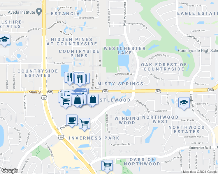 map of restaurants, bars, coffee shops, grocery stores, and more near 2691 Sabal Springs Circle in Clearwater