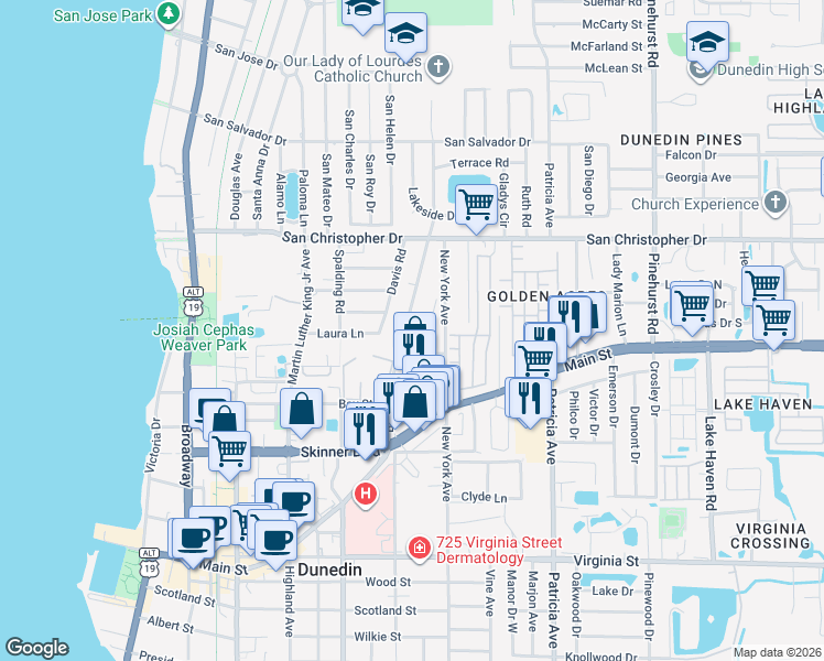 map of restaurants, bars, coffee shops, grocery stores, and more near 1222 Orange Avenue in Dunedin