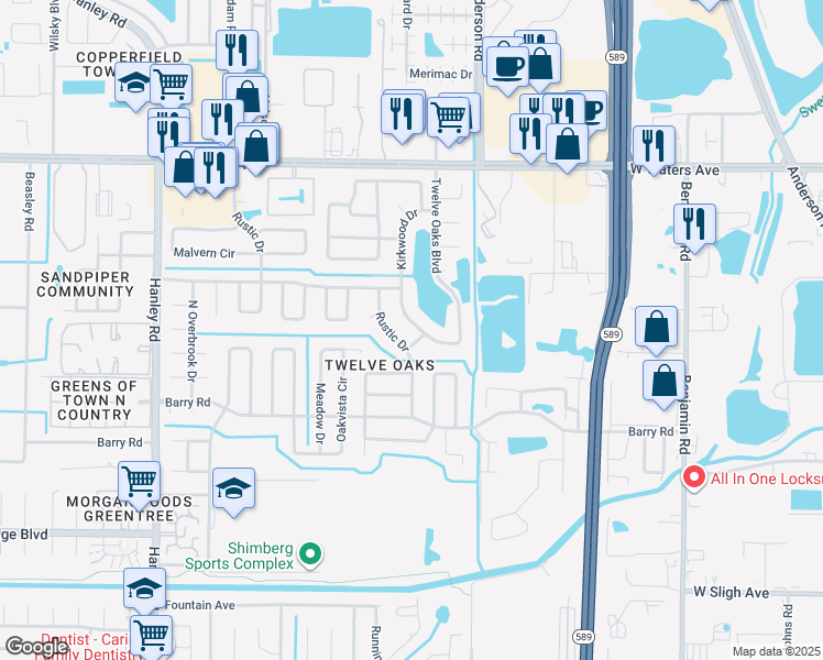 map of restaurants, bars, coffee shops, grocery stores, and more near 6804 Twelve Oaks Boulevard in Tampa