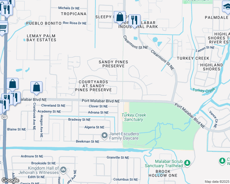 map of restaurants, bars, coffee shops, grocery stores, and more near 2184 Redwood Circle in Palm Bay
