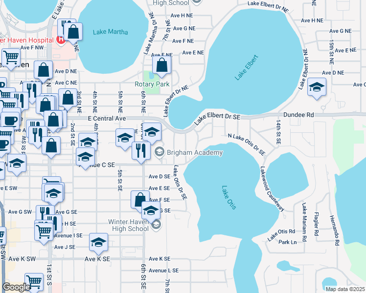 map of restaurants, bars, coffee shops, grocery stores, and more near 215 9th Street Southeast in Winter Haven