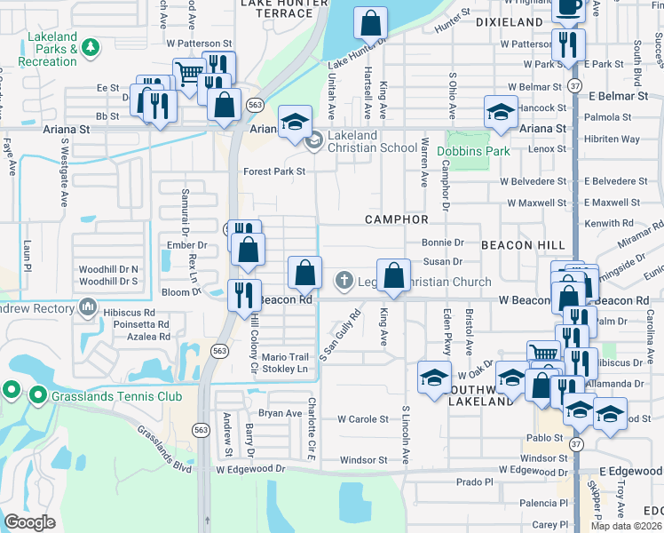 map of restaurants, bars, coffee shops, grocery stores, and more near 1015 Susan Drive in Lakeland